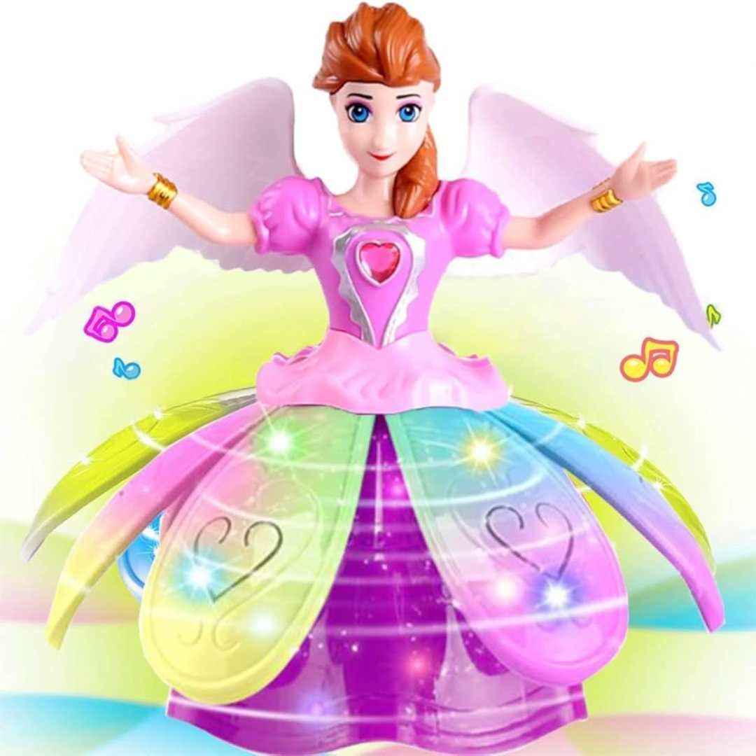Dancing Princess Doll with Wings, Rotating Light-Up Skirt, Musical Toy, Pink Dress