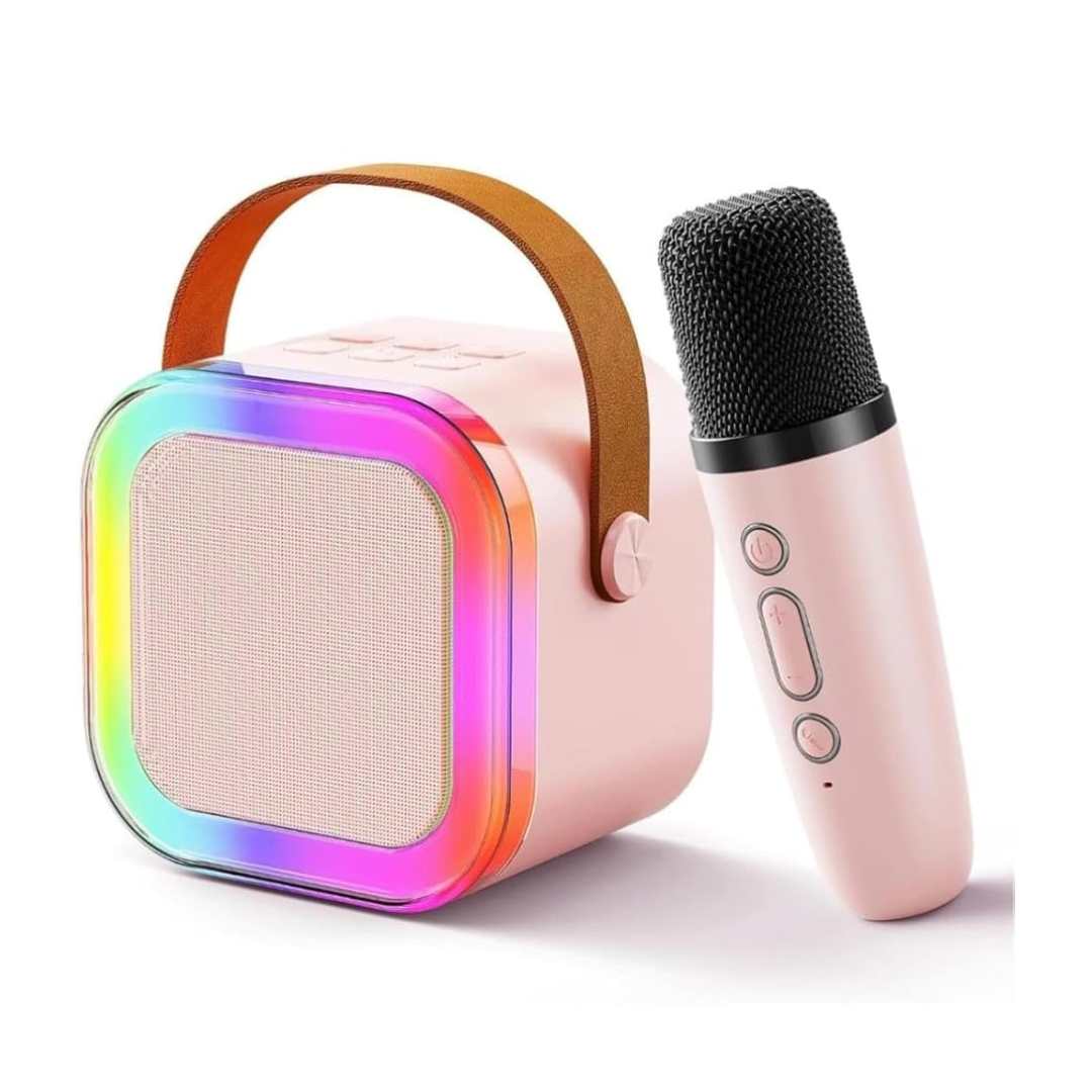 Portable Karaoke Machine with Wireless Microphone, Pink, LED Lights, Bluetooth Speaker System